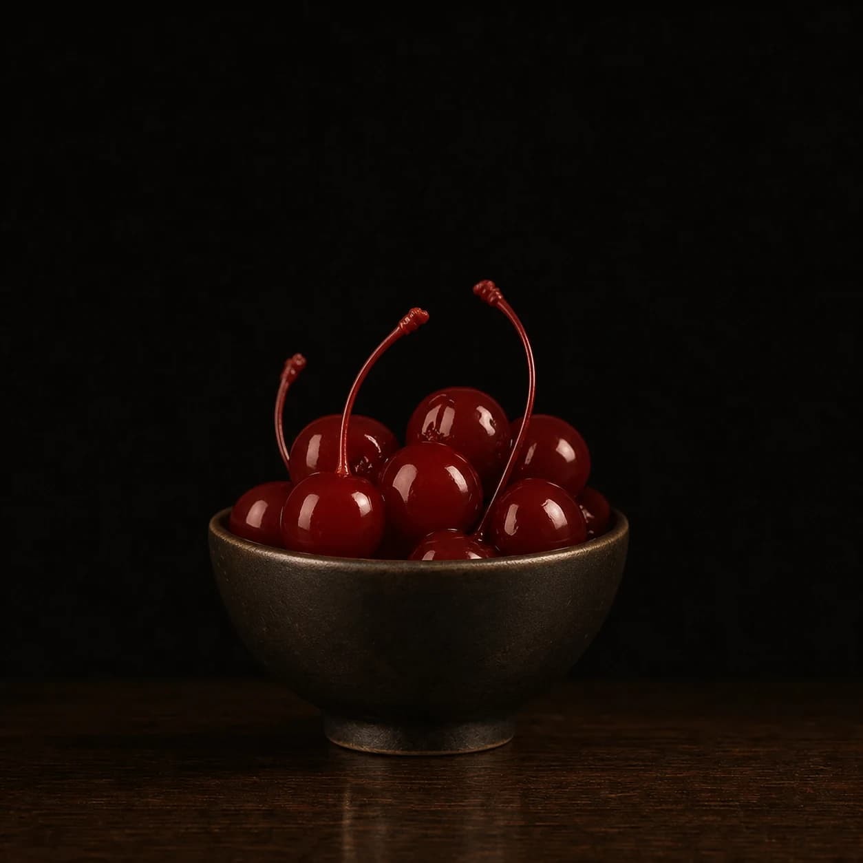 Dark red cocktail cherry in a small glass dish