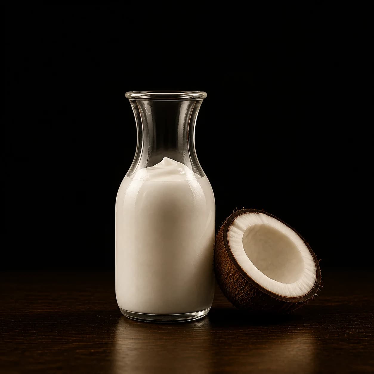 Thick white coconut cream in a small glass carafe
