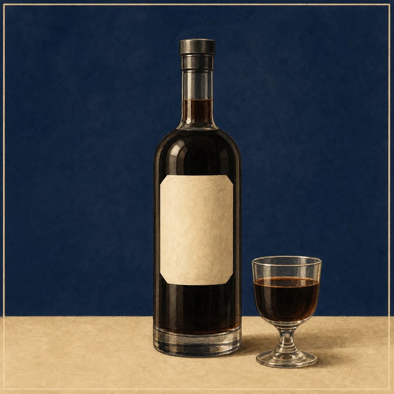 Dark coffee liqueur in an unbranded bottle