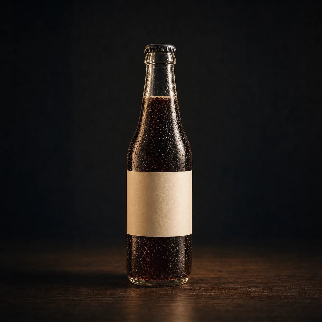 Dark sparkling cola in an unbranded glass bottle