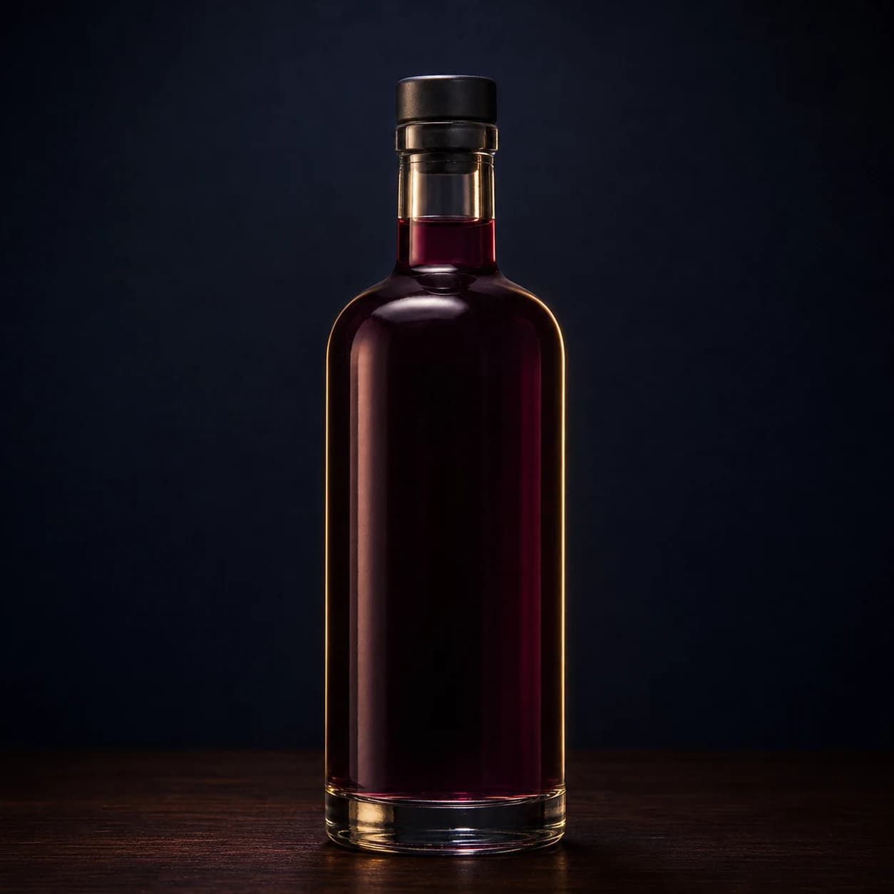 Deep blackberry liqueur in an unbranded bottle
