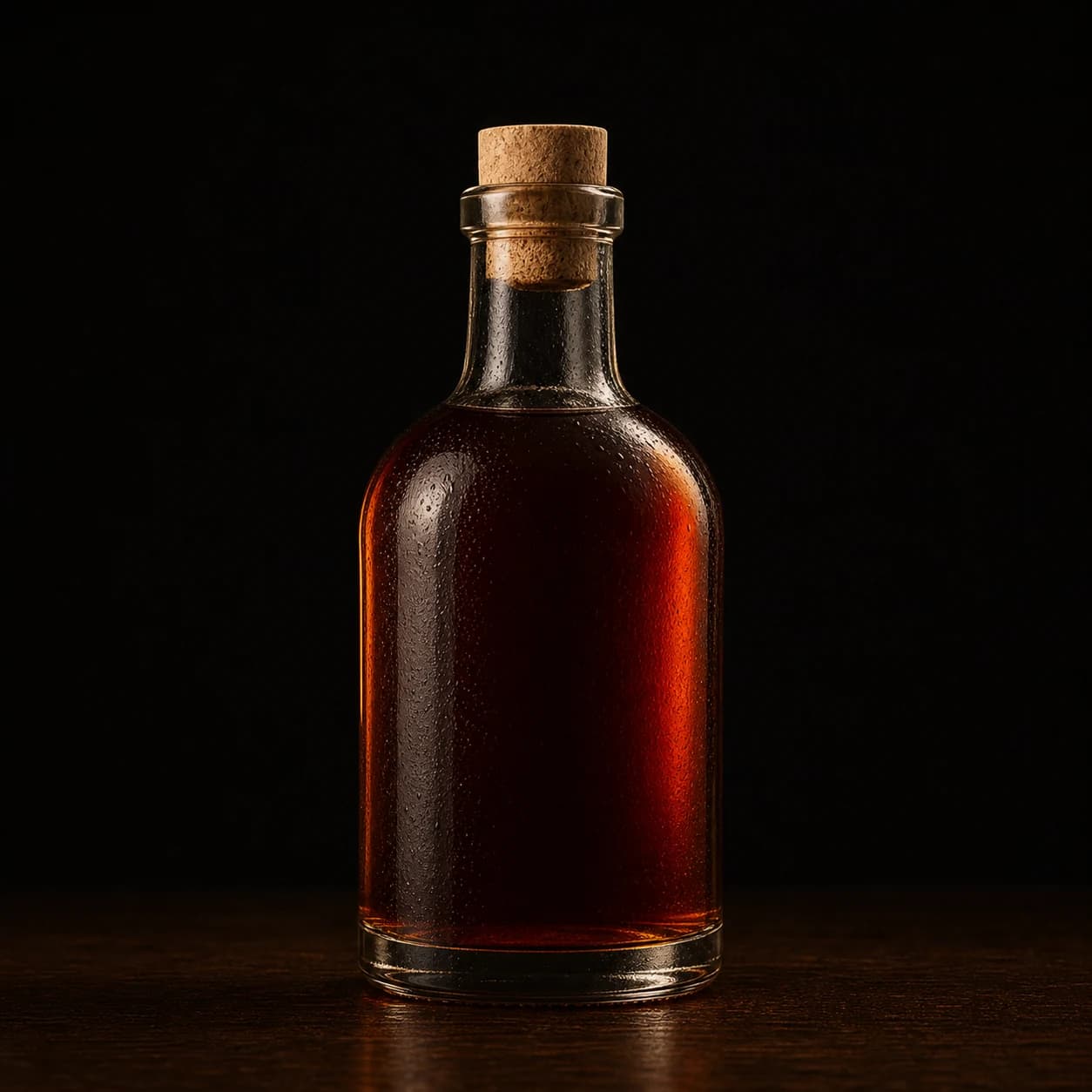 Dark molasses rum in an unbranded bottle