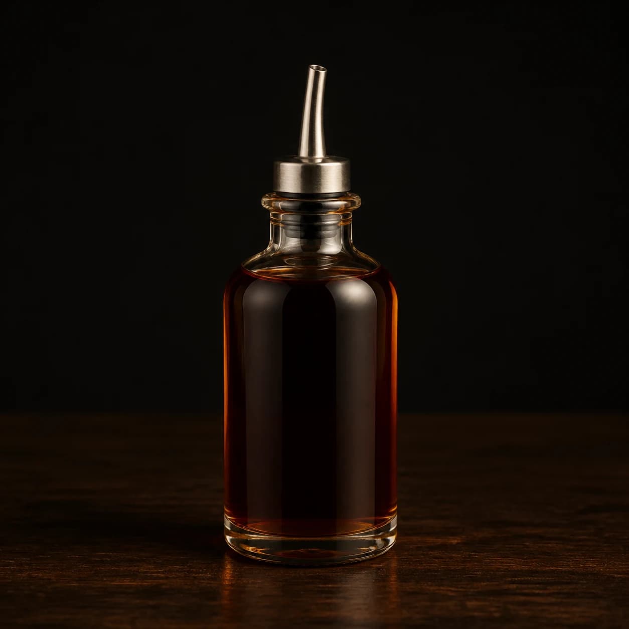 Amber demerara syrup in an unbranded bottle