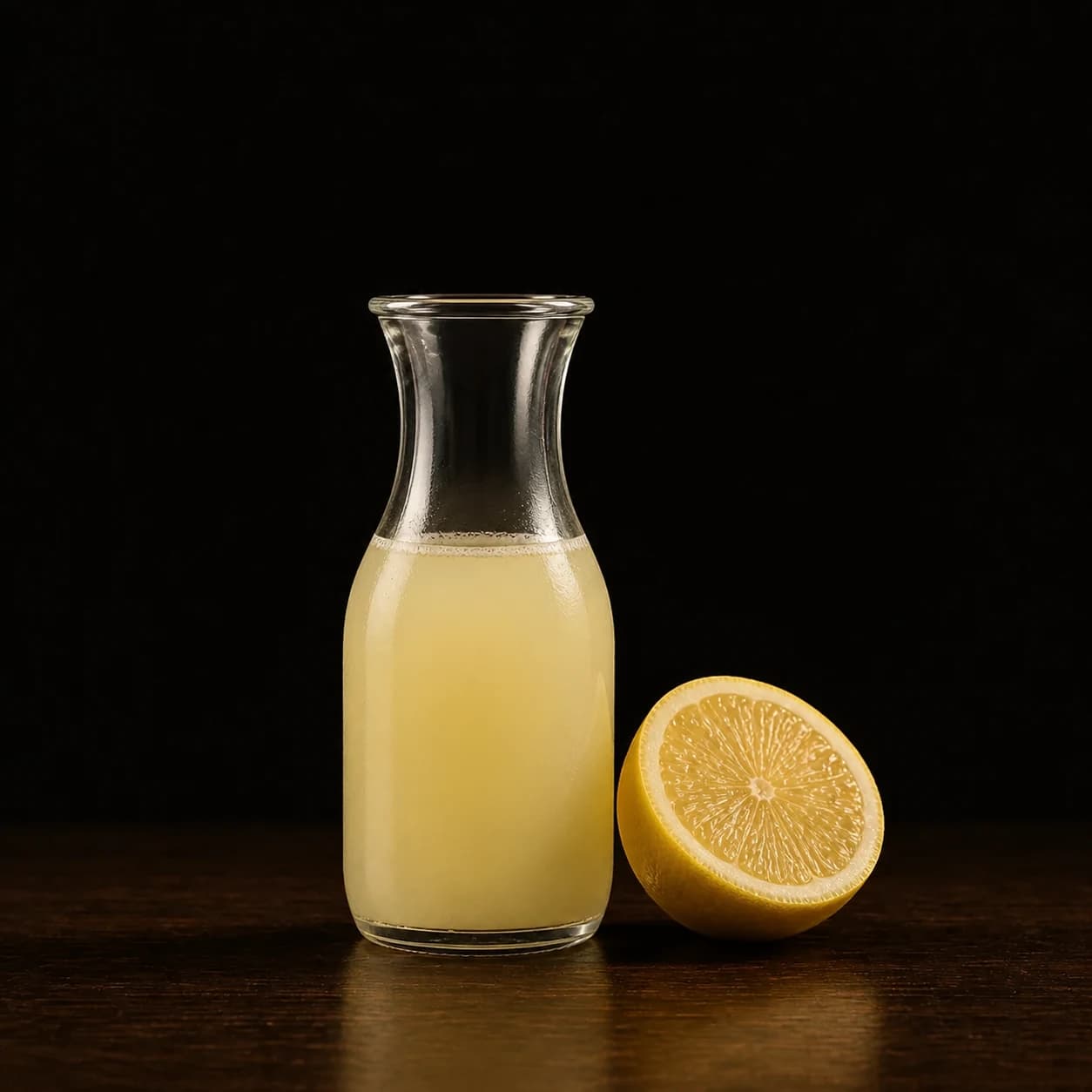 Fresh lemon juice in a small carafe beside a cut lemon