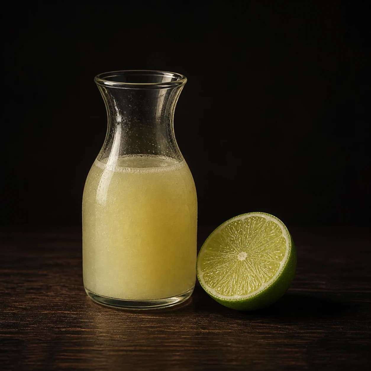 Fresh lime juice in a small carafe beside a cut lime