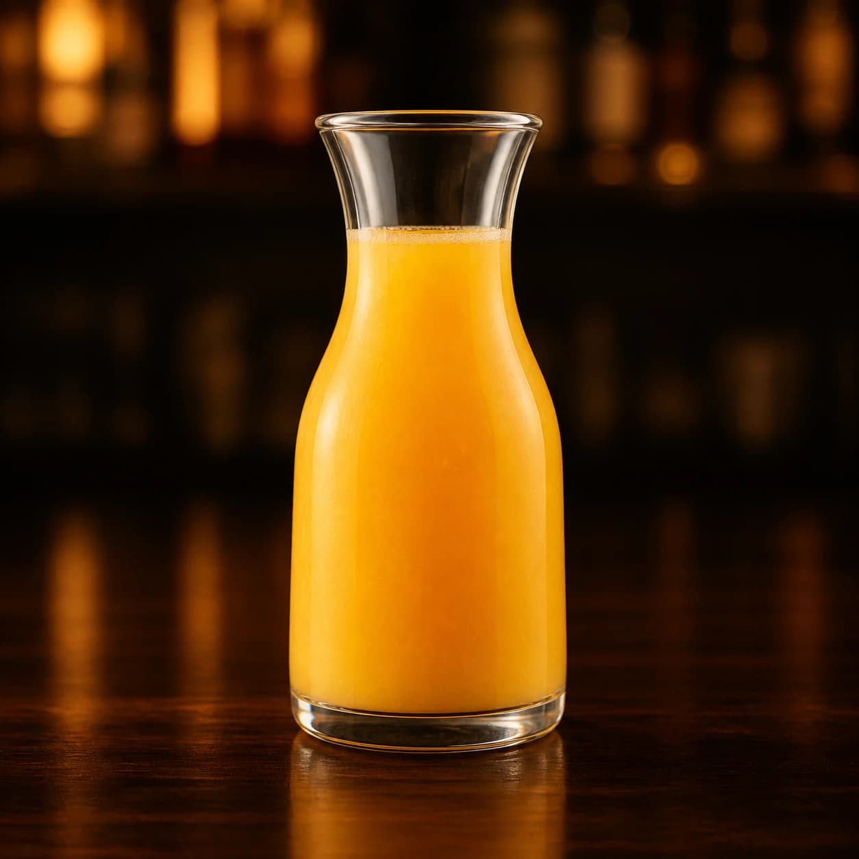 Fresh orange juice in a small carafe beside a cut orange