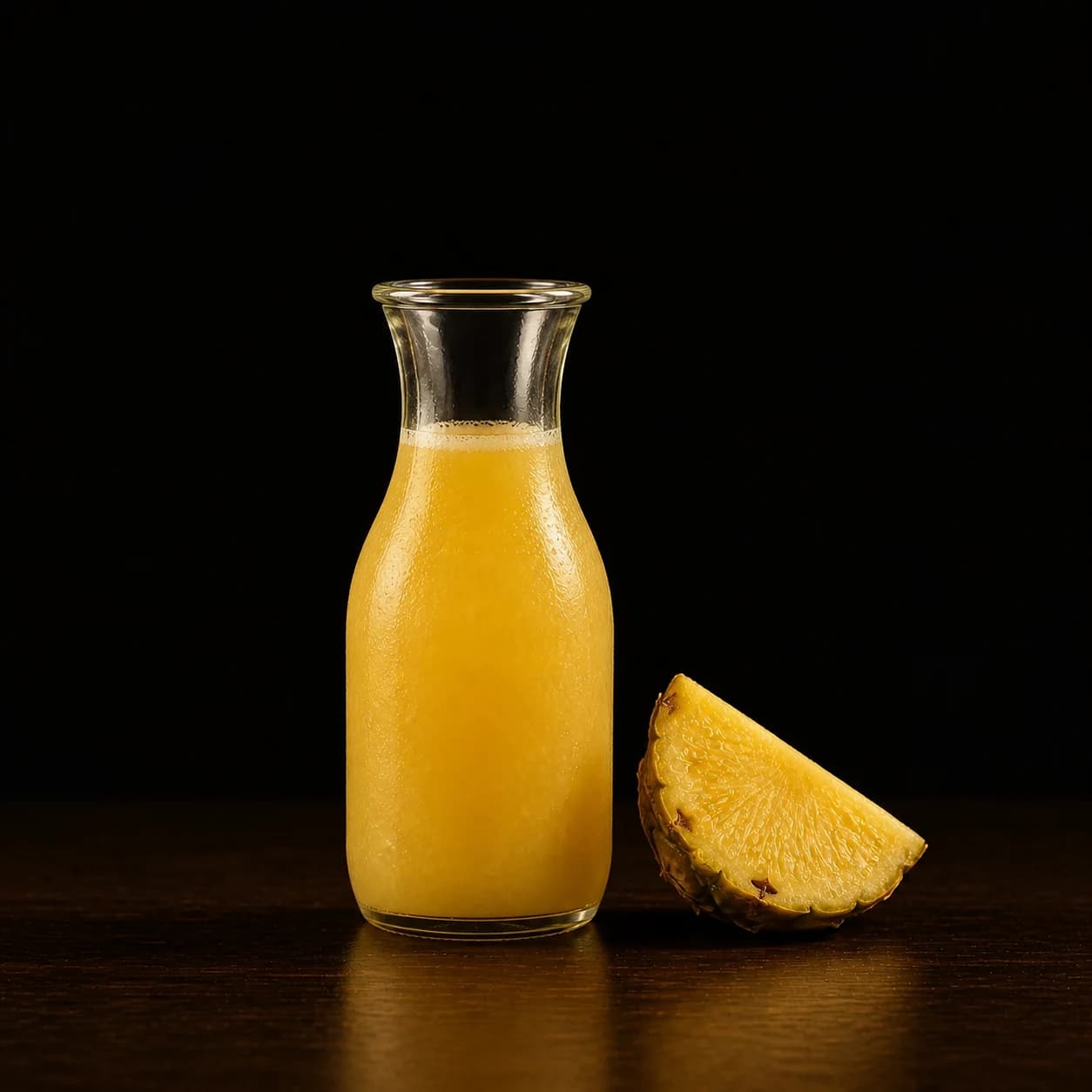 Fresh golden pineapple juice in a small glass carafe