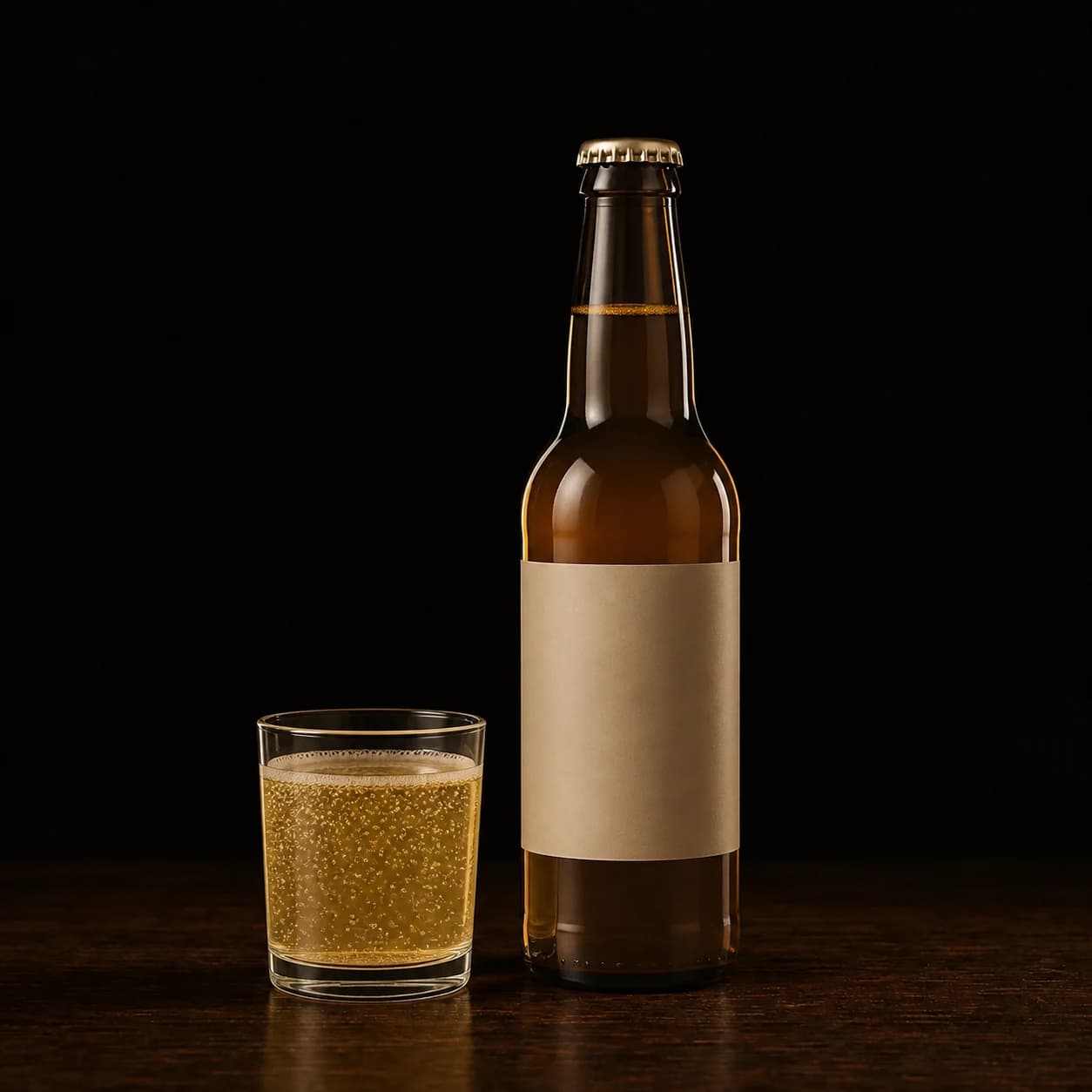 Amber ginger beer in an unbranded bottle