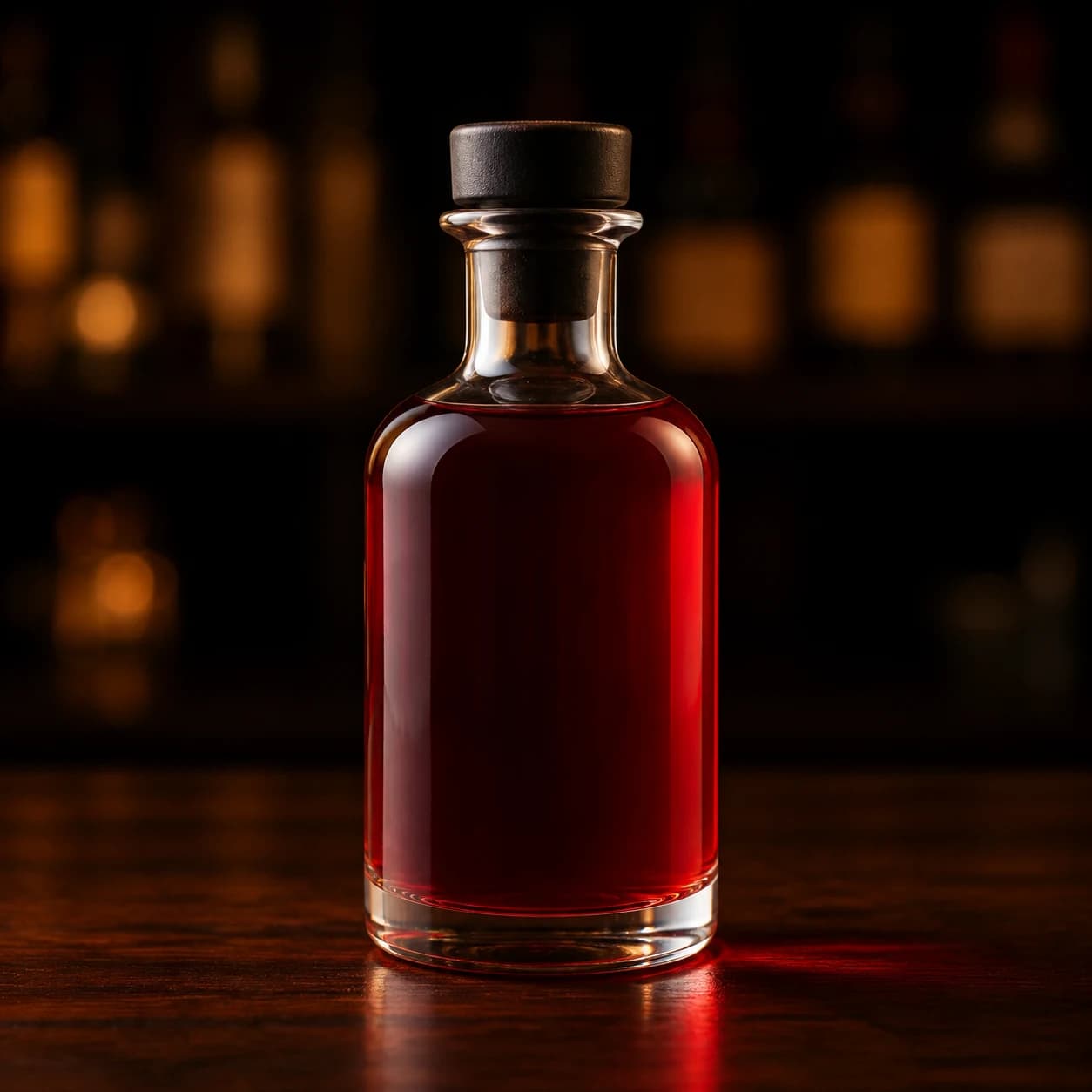 Deep red pomegranate grenadine in an unbranded bottle