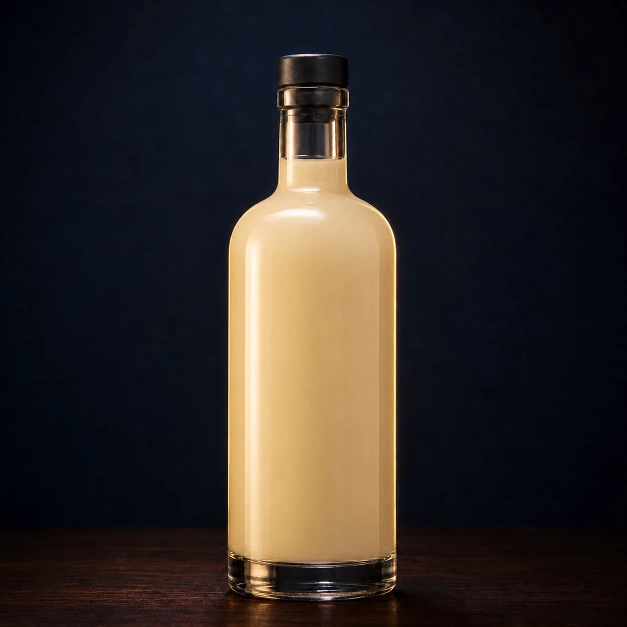 Milky almond orgeat syrup in an unbranded bottle