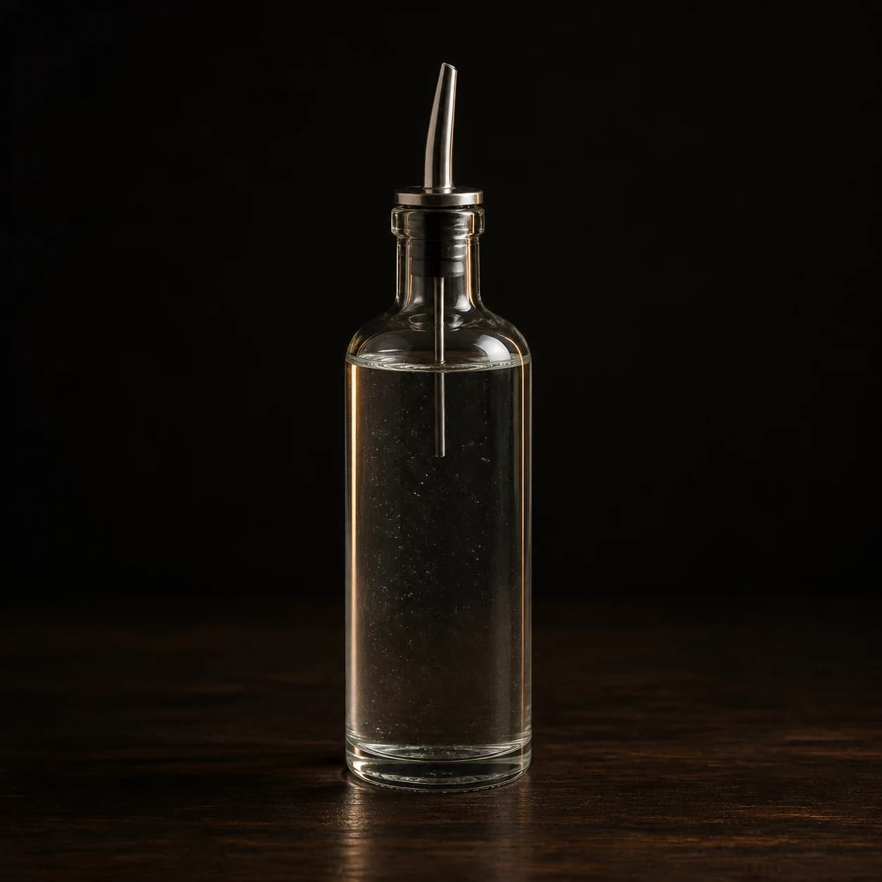 Clear simple syrup in an unbranded bottle
