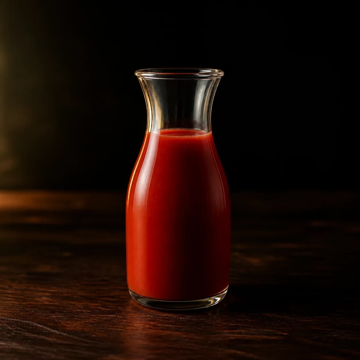 Deep red tomato juice in a small glass carafe