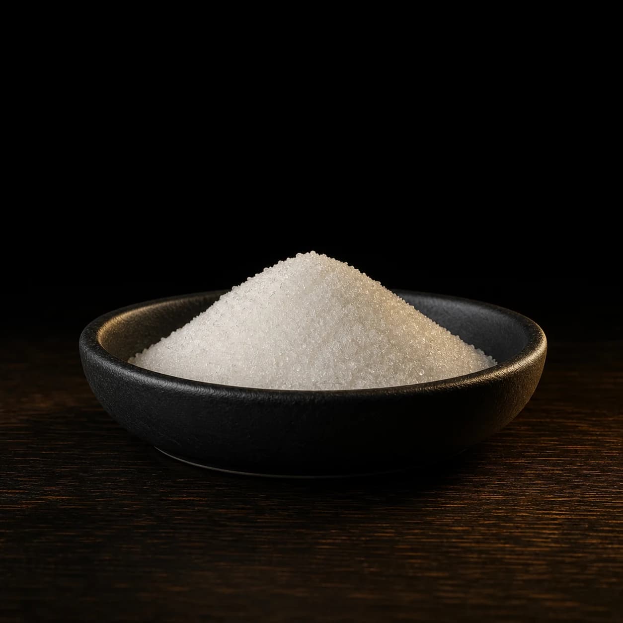 Fine white cane sugar in a small glass dish