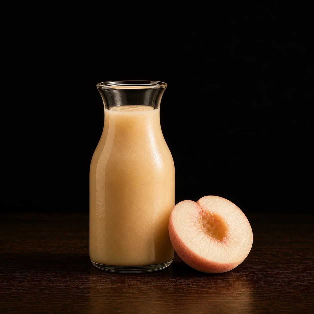 Pale white peach purée in a small glass carafe