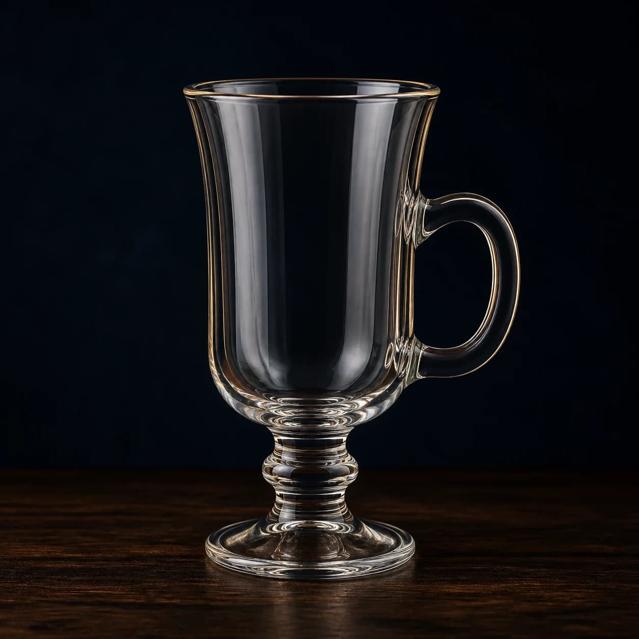 Empty clear footed Irish coffee glass with a handle