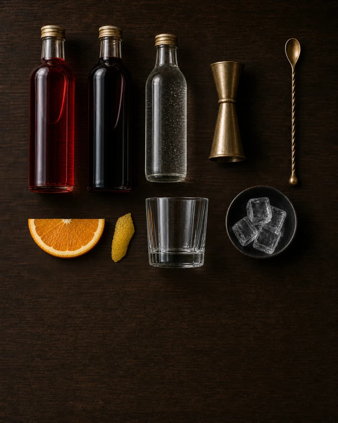 Overhead Americano station arranged on a dark walnut bar