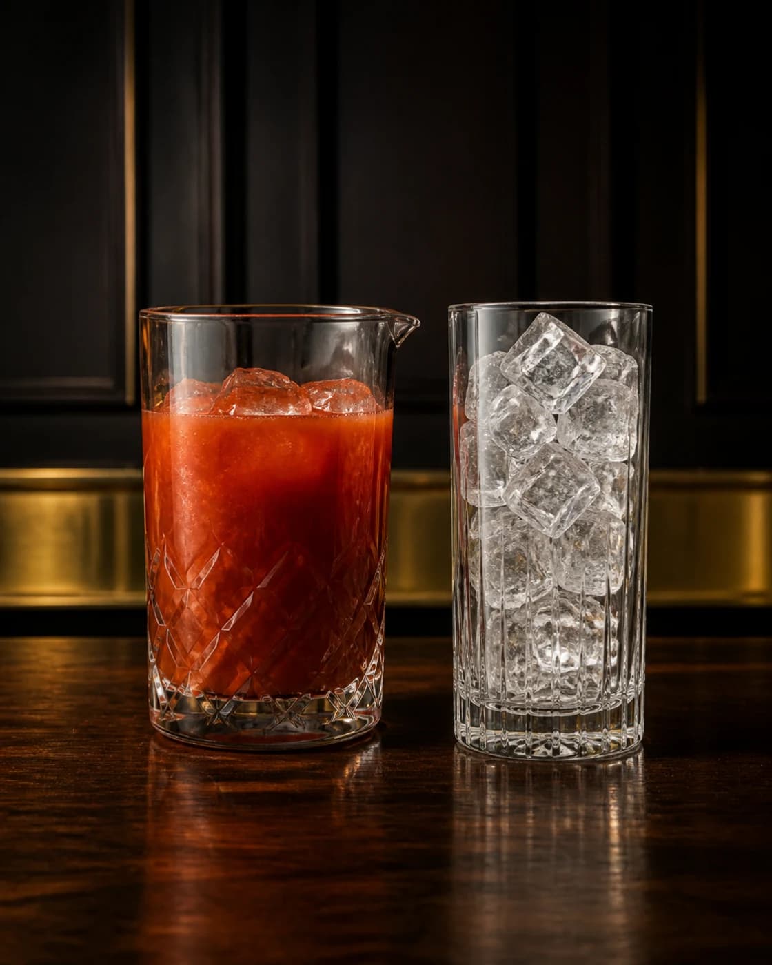 Pour over fresh ice stage with mixing glass holding a seasoned red bloody mary