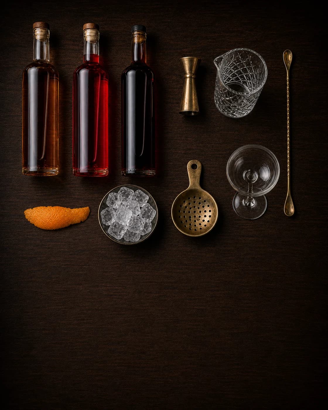 Overhead Boulevardier station arranged on a dark walnut bar