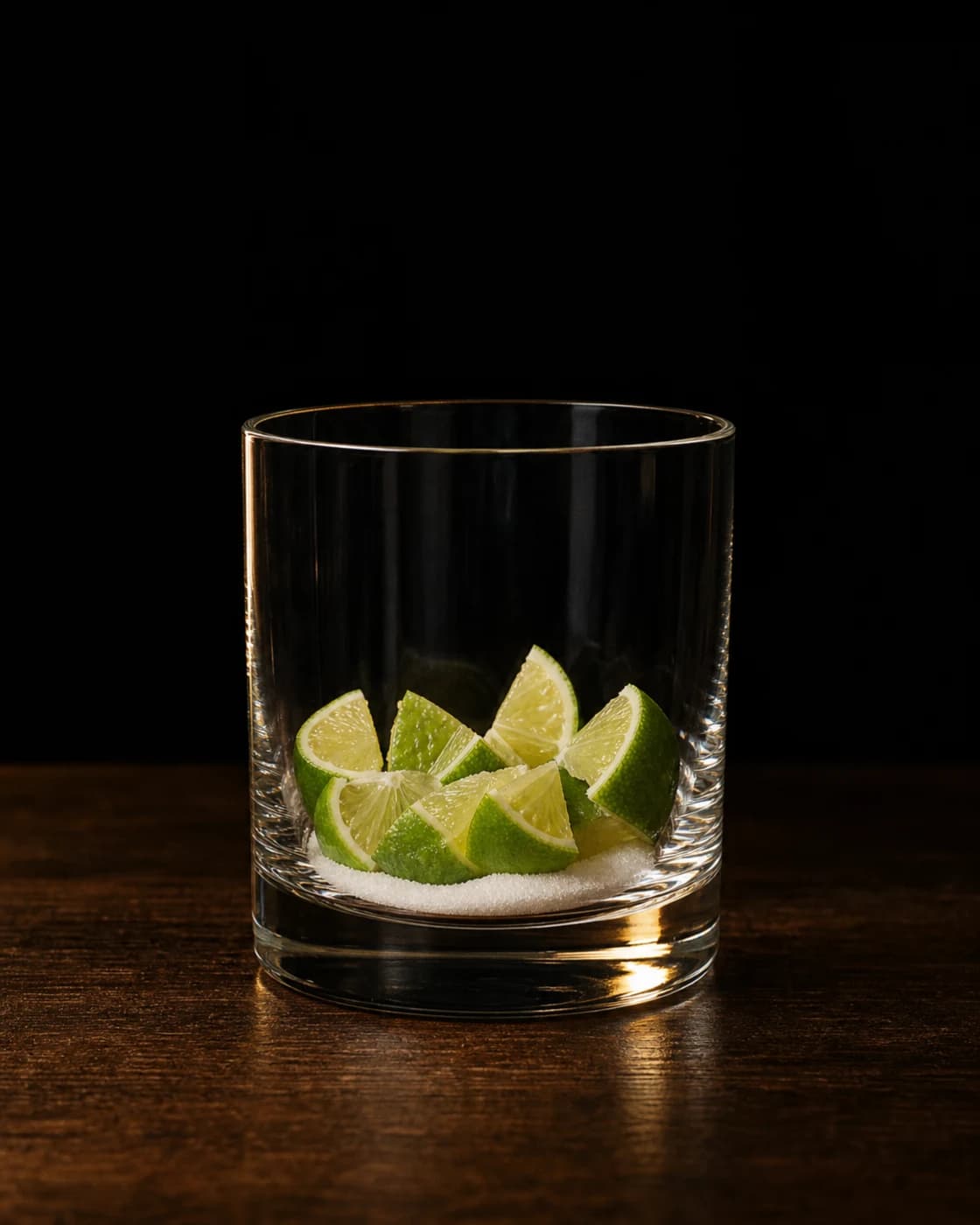 Muddle lime and sugar stage with natural wood cocktail muddler