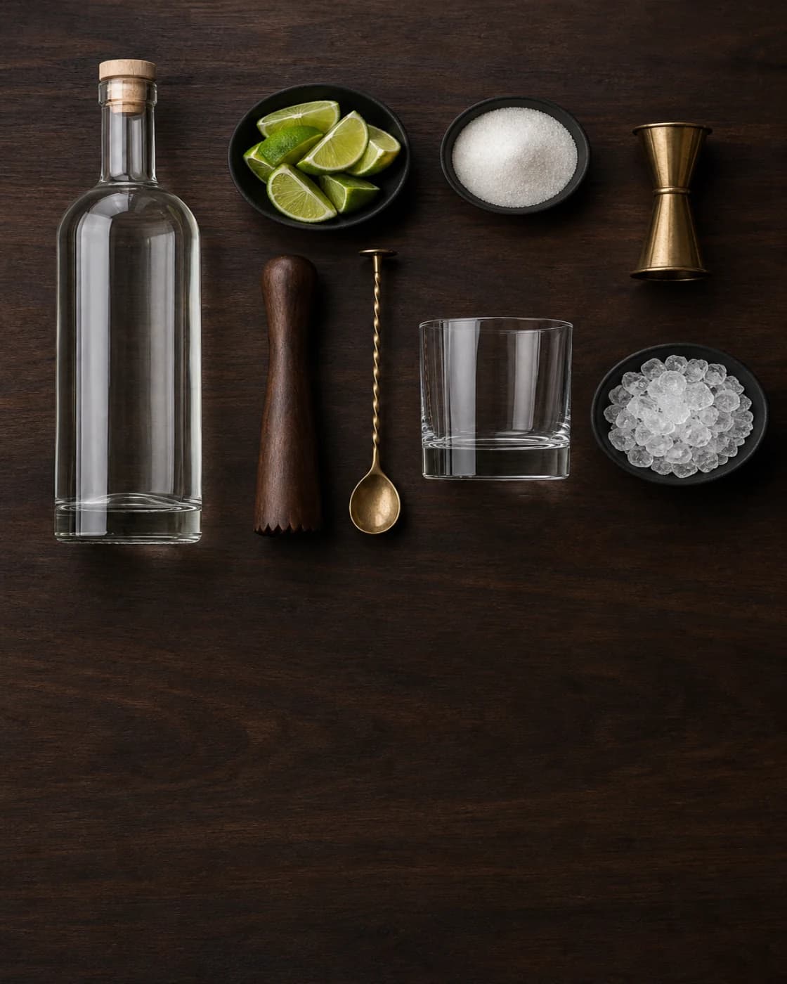 Overhead Caipirinha station arranged on a dark walnut bar