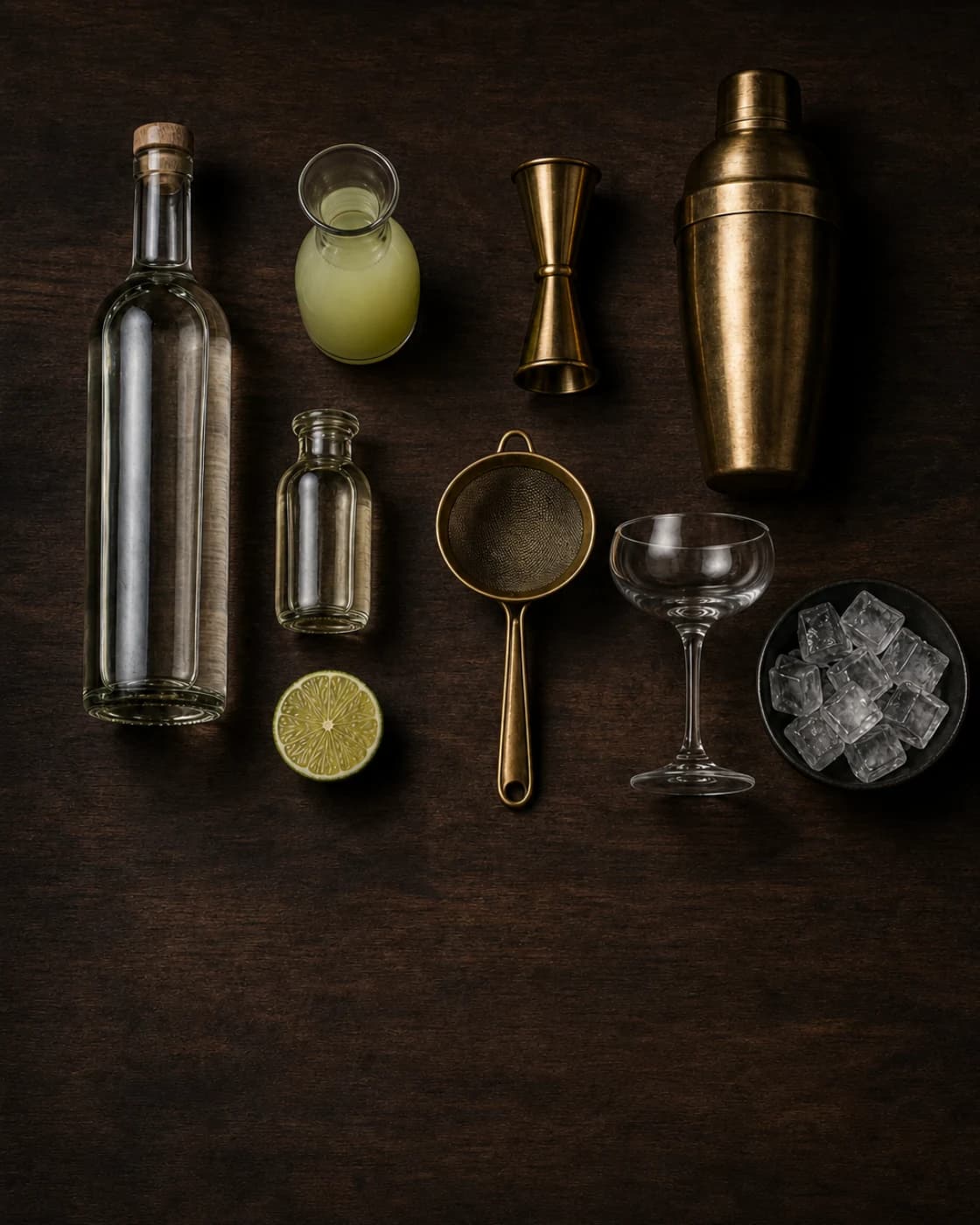 Overhead Daiquiri station arranged on a dark walnut bar