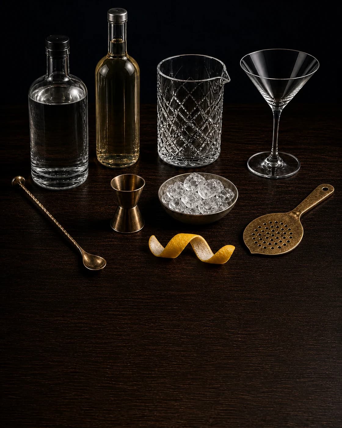 Overhead Dry Martini station arranged on a dark walnut bar