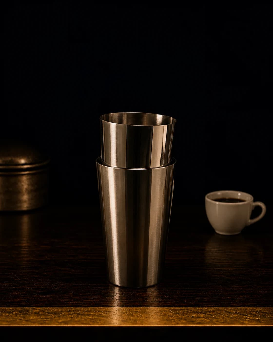 Measure equal parts stage with aged brass cocktail jigger