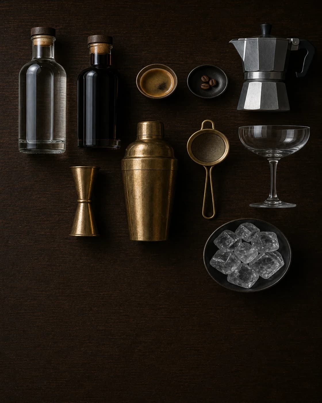 Overhead Espresso Martini station arranged on a dark walnut bar