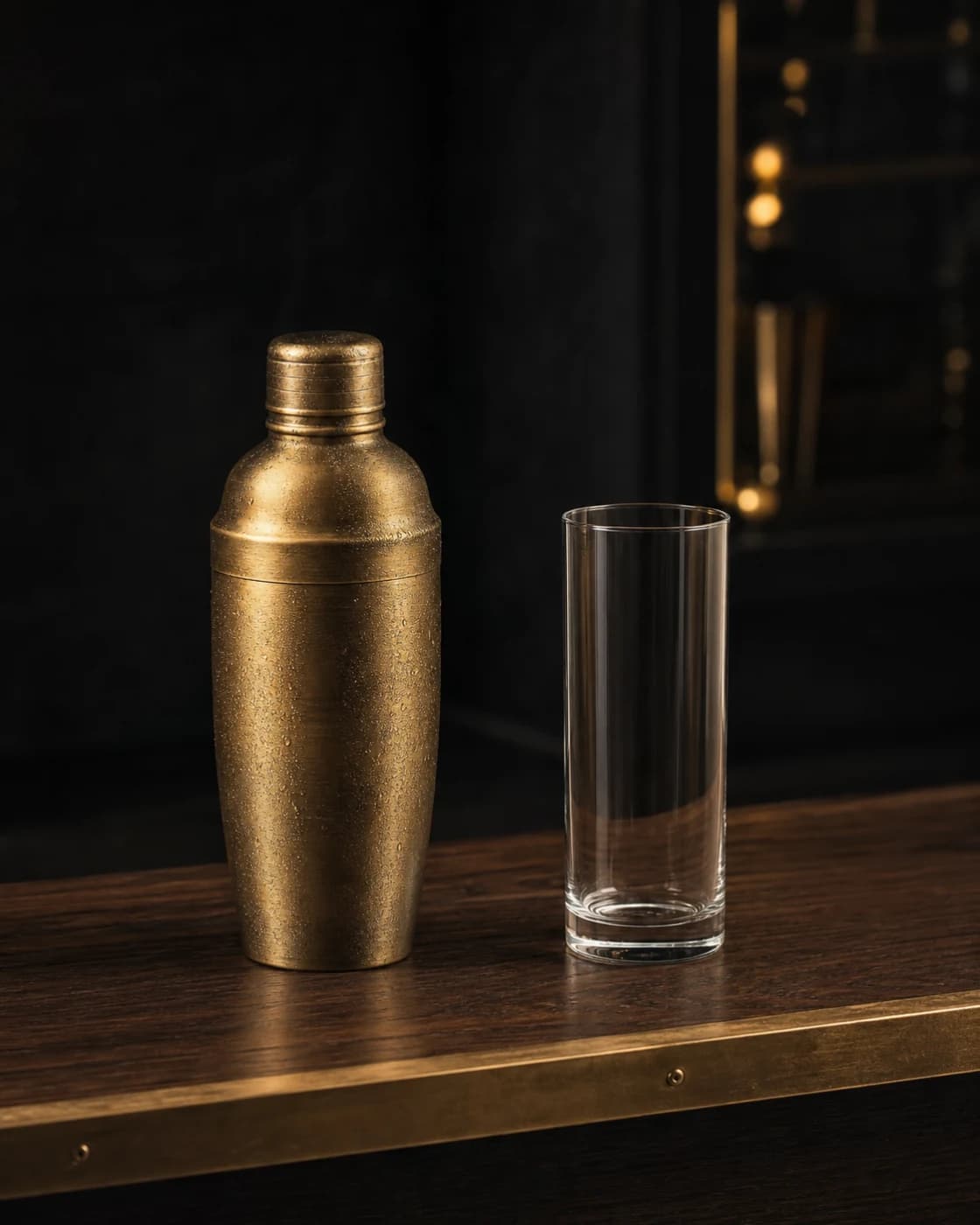 Shake hard stage with aged brass cocktail shaker