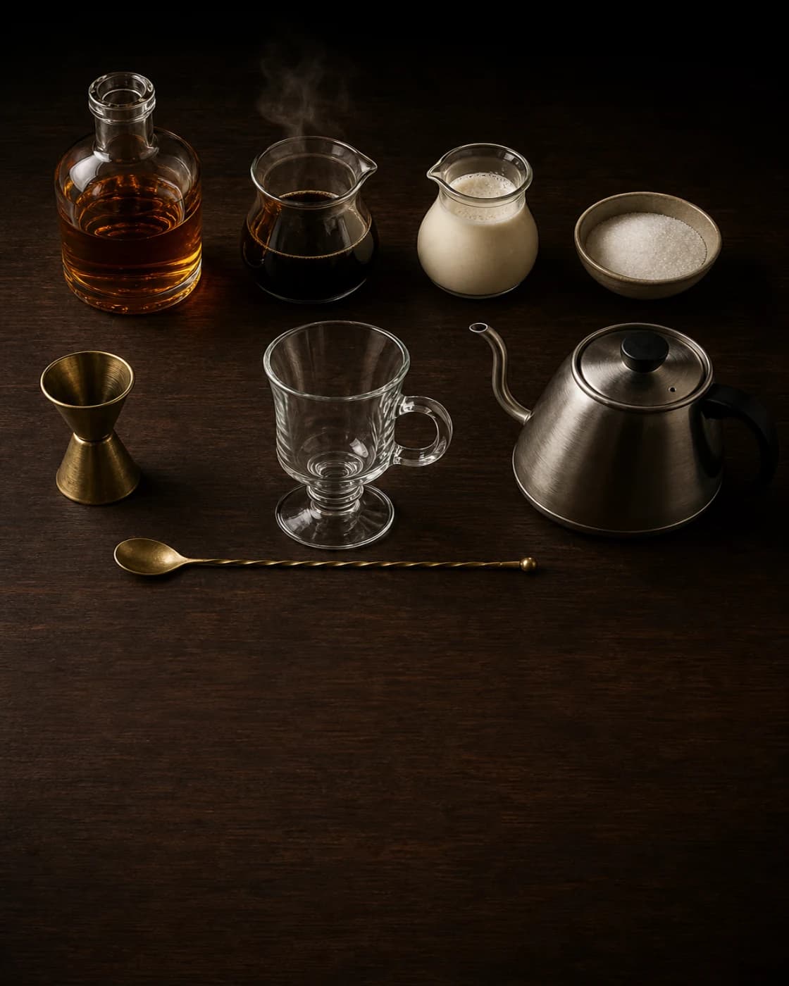 Overhead Irish Coffee station arranged on a dark walnut bar