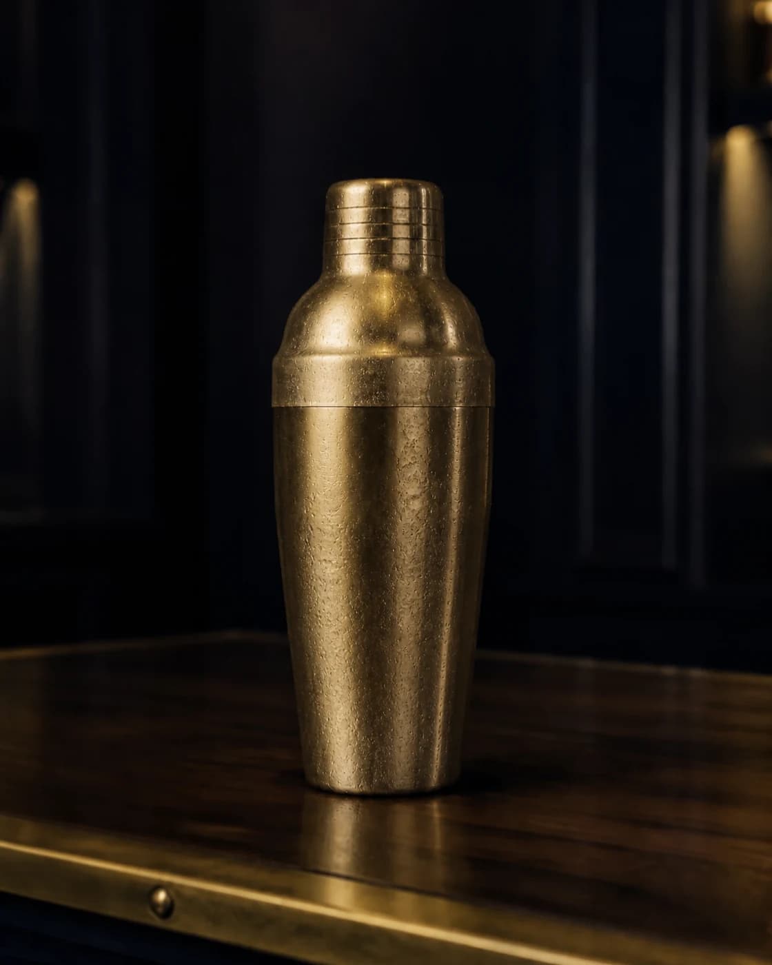 Shake with ice stage with aged brass cocktail shaker