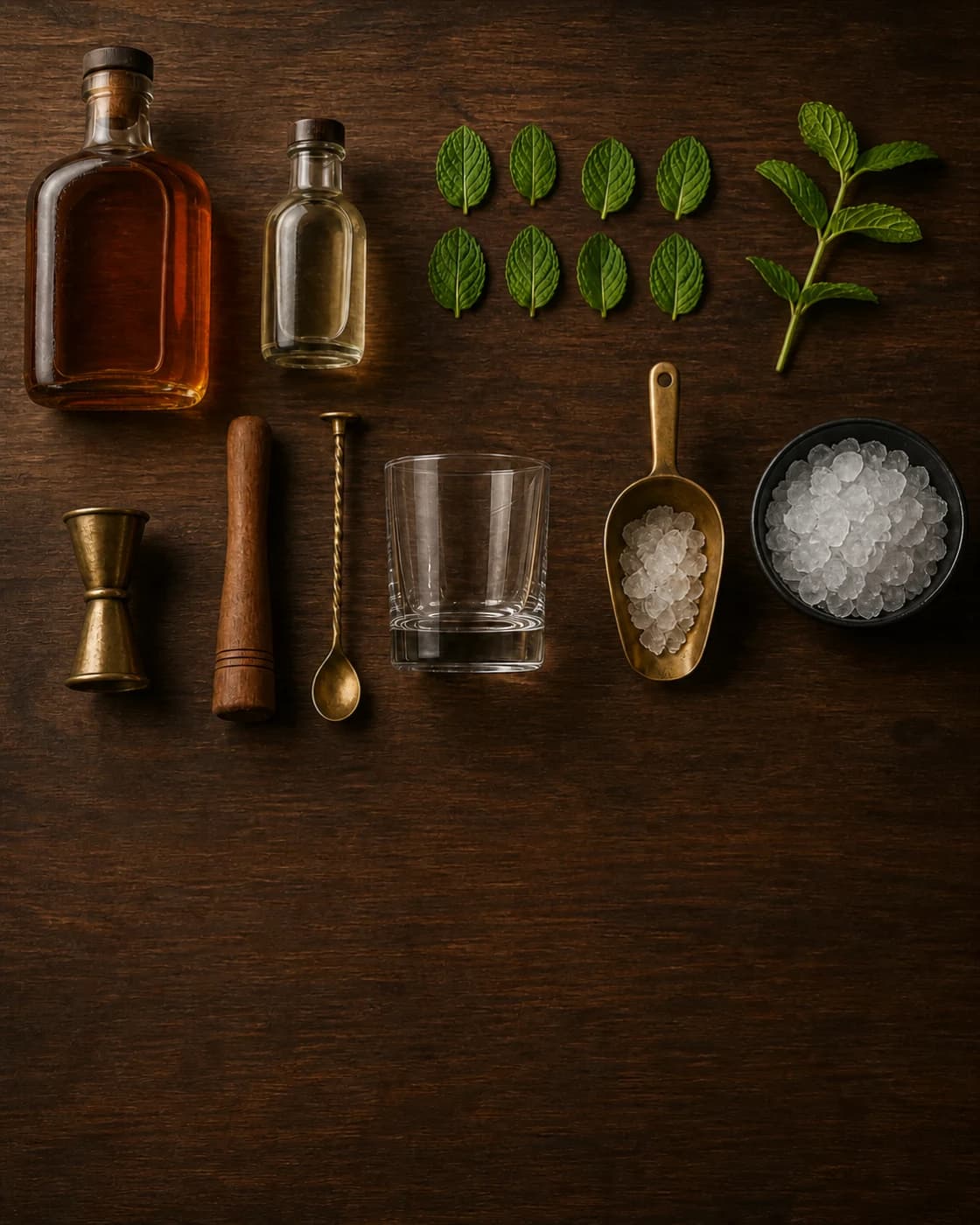 Overhead Mint Julep station arranged on a dark walnut bar