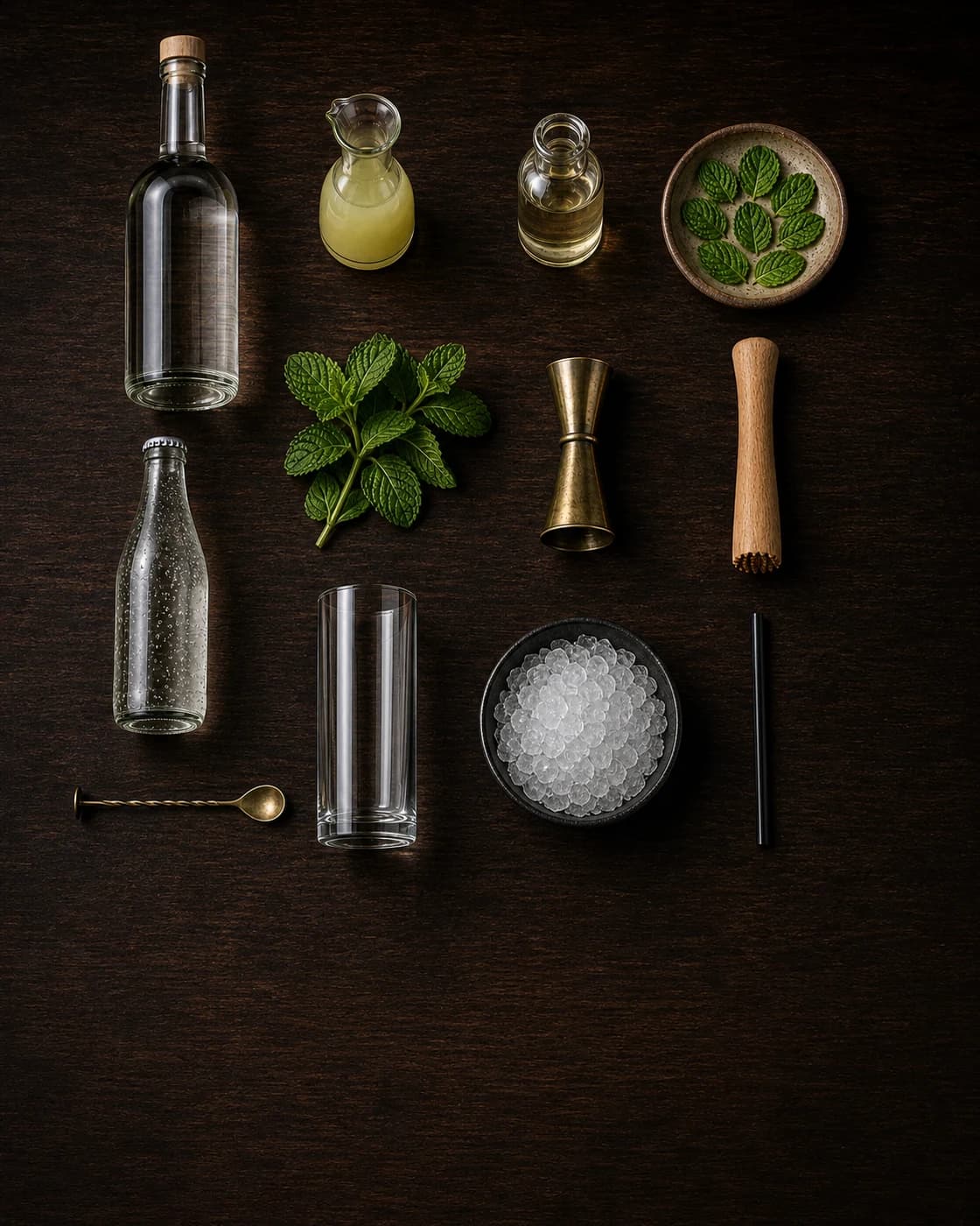 Overhead Mojito station arranged on a dark walnut bar
