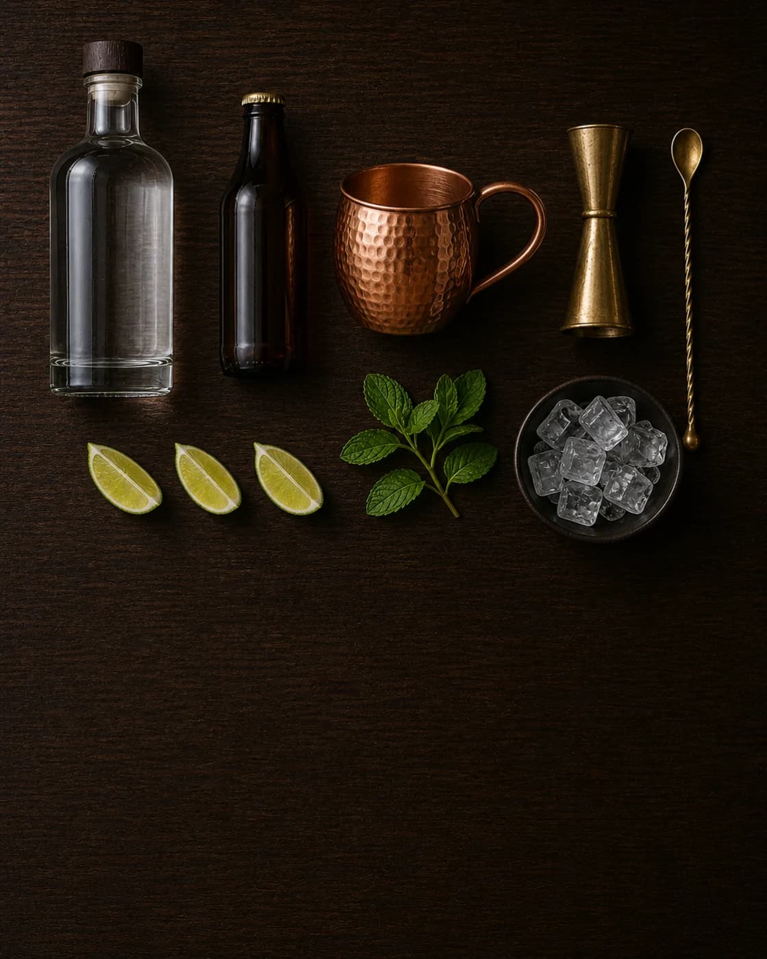 Overhead Moscow Mule station arranged on a dark walnut bar