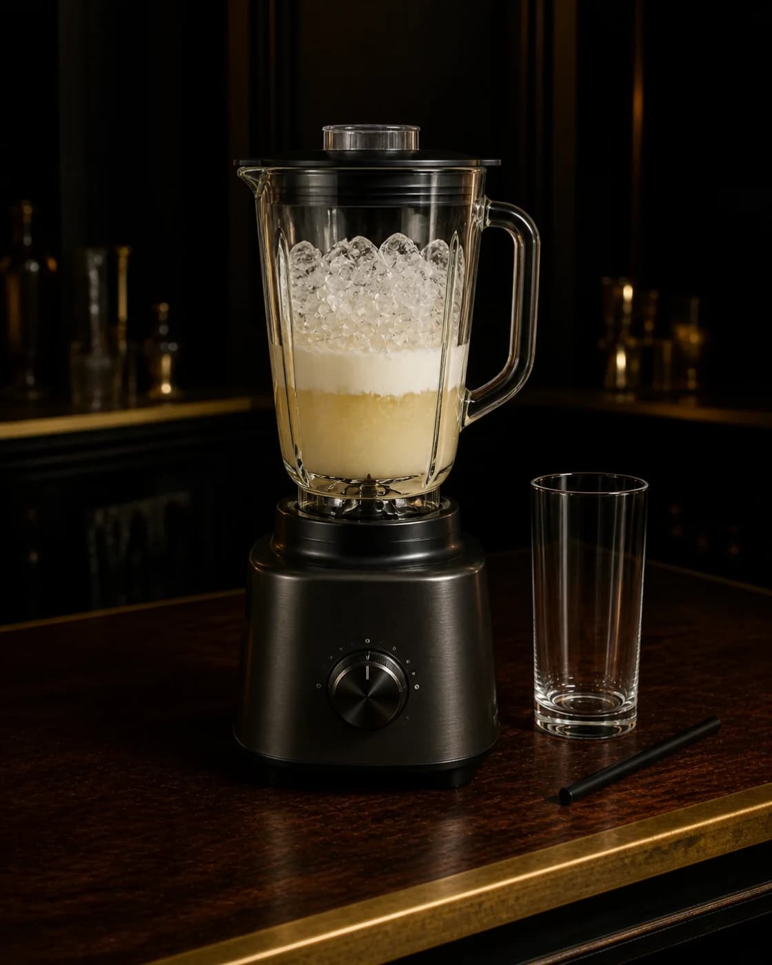 Blend with ice stage with electric blender holding a pale coconut and pineapple mixture