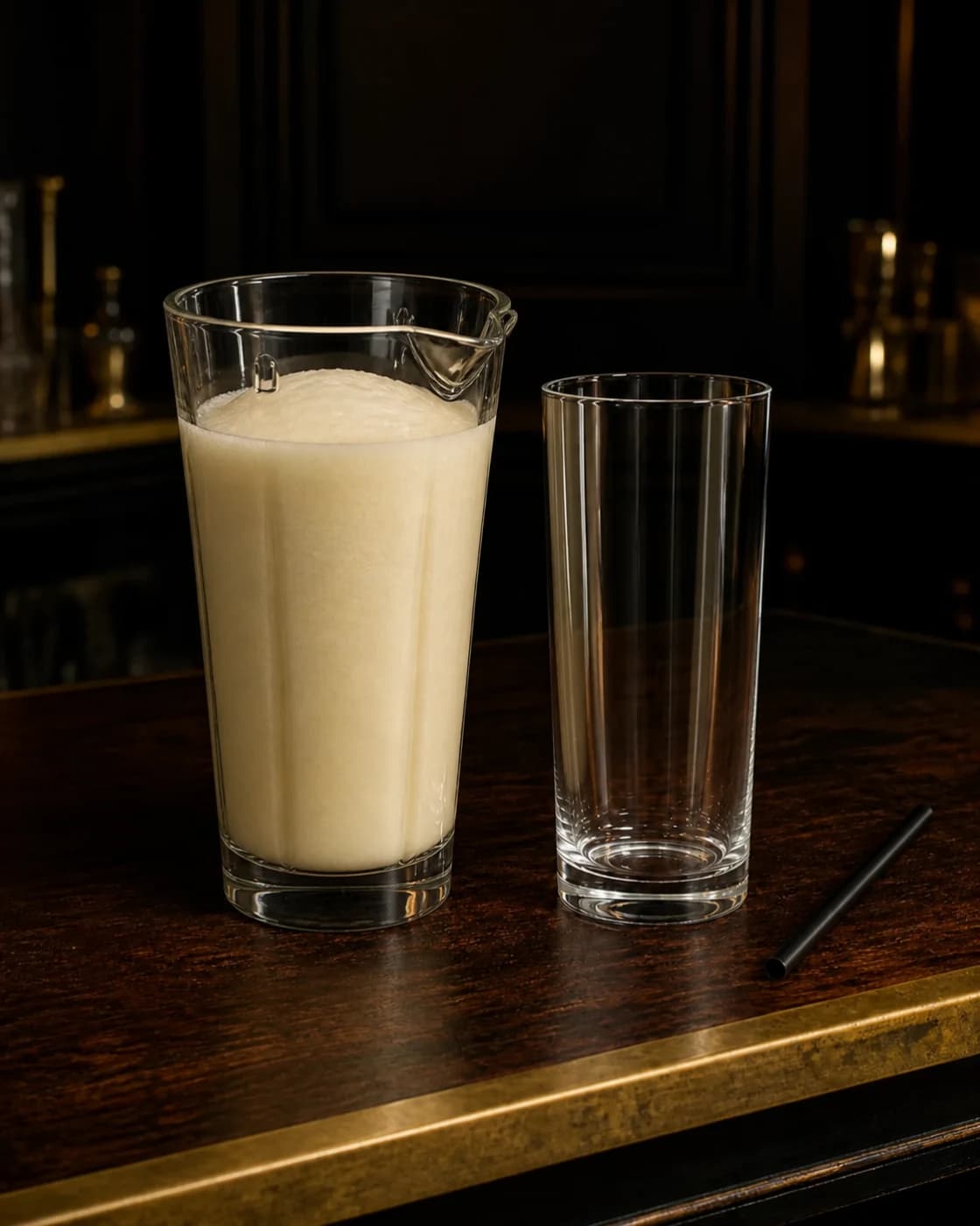 Pour and add the straw stage with blender pitcher of piña colada beside a clean straw