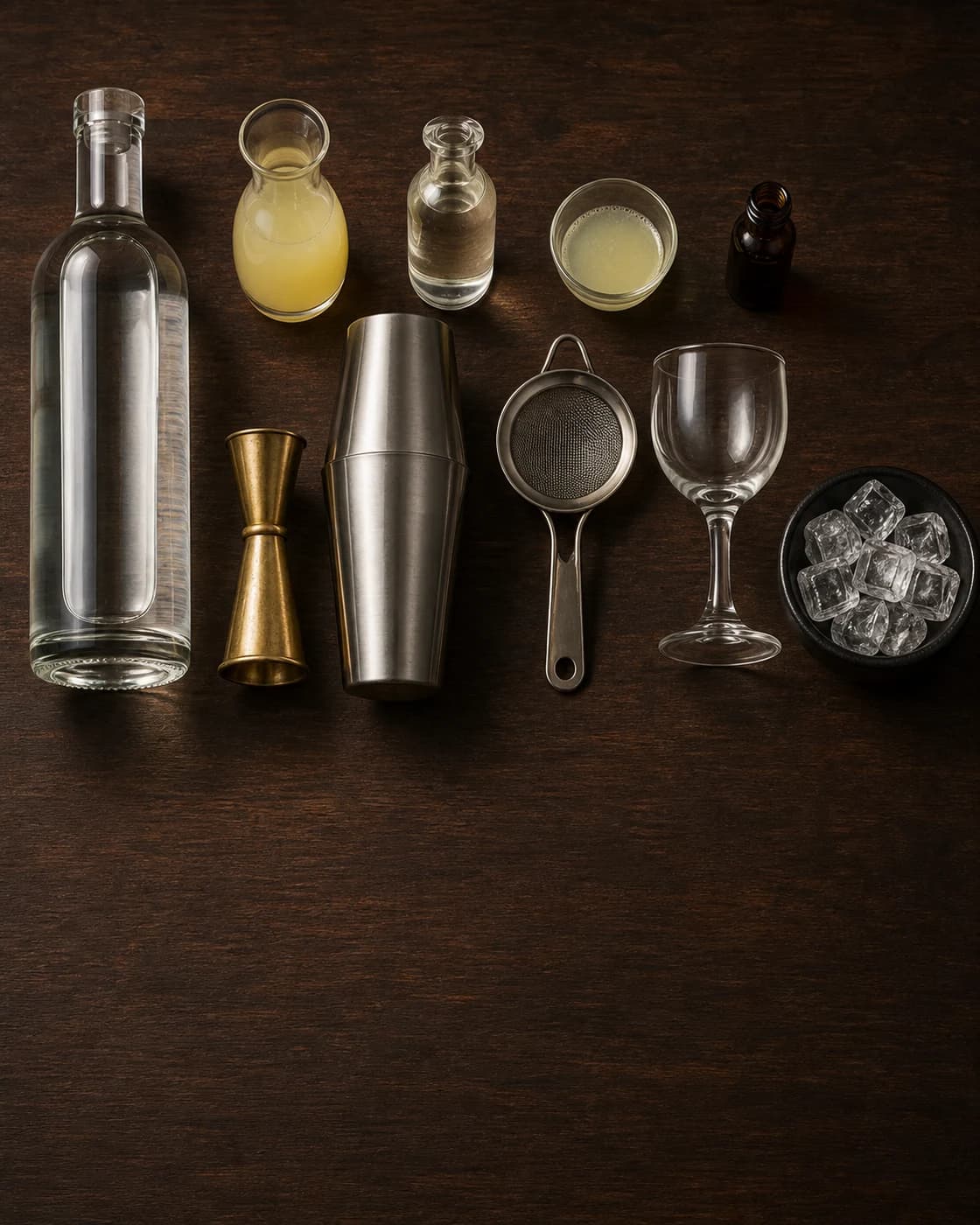 Overhead Pisco Sour station arranged on a dark walnut bar