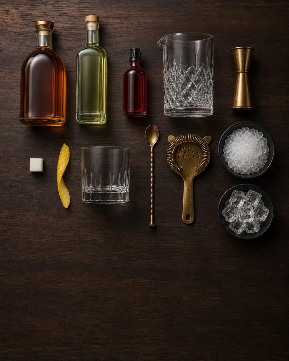 Overhead Sazerac station arranged on a dark walnut bar