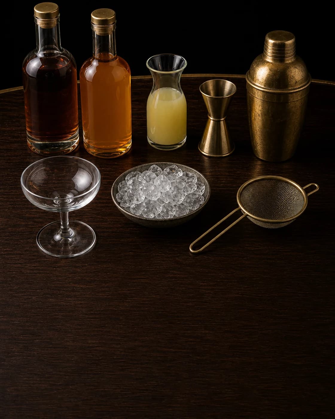Overhead Sidecar station arranged on a dark walnut bar