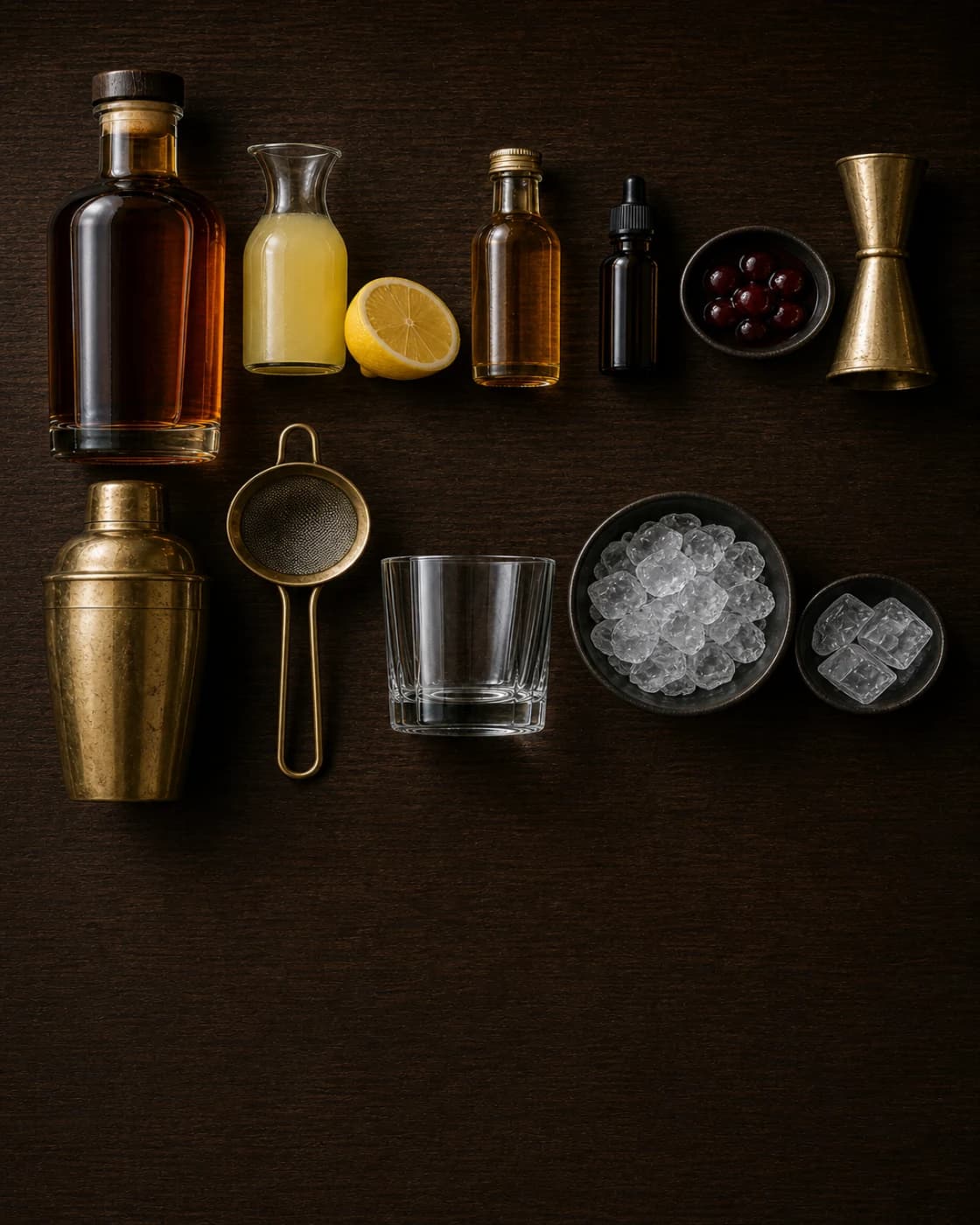 Overhead Whiskey Sour station arranged on a dark walnut bar