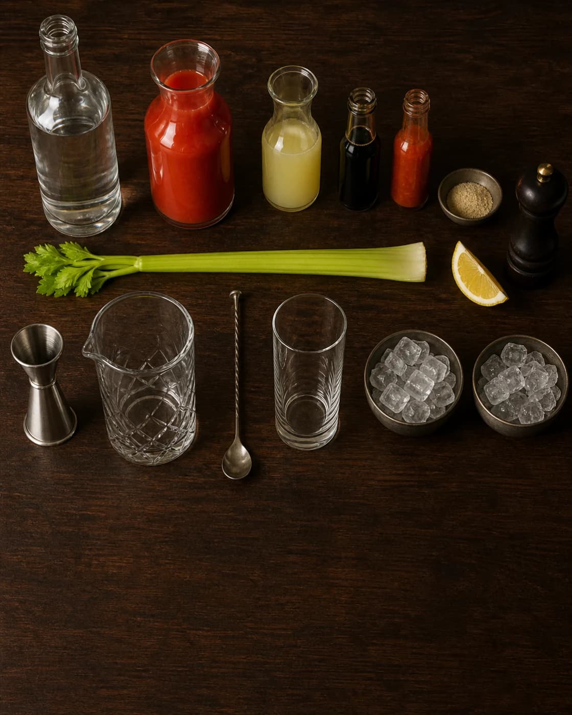 Overhead Bloody Mary station arranged on a dark walnut bar