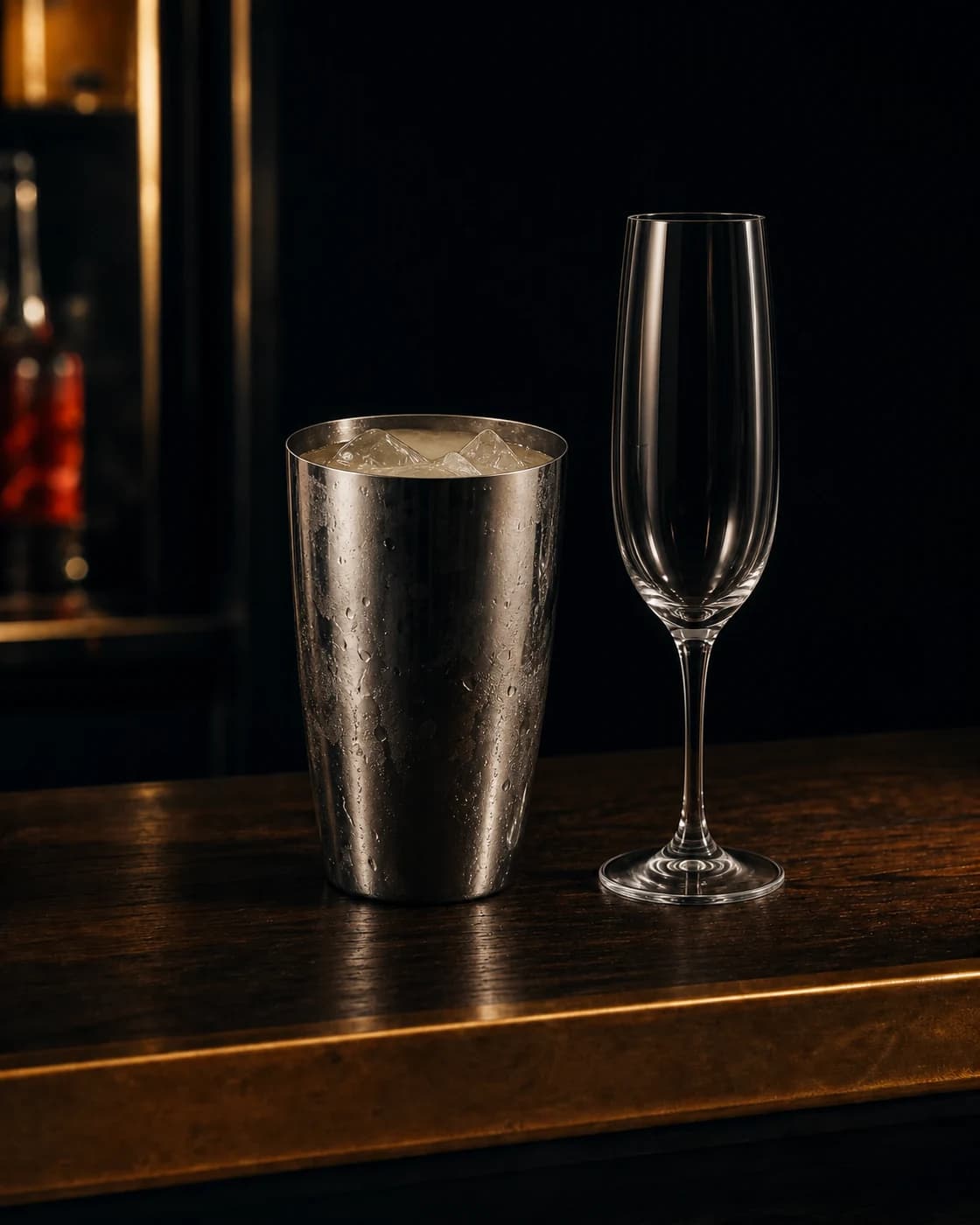 Strain into the flute stage with cocktail shaker fitted with a fine strainer