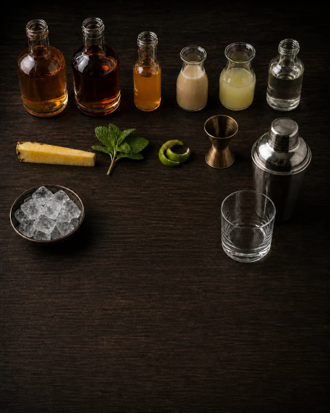 Overhead Mai Tai station arranged on a dark walnut bar