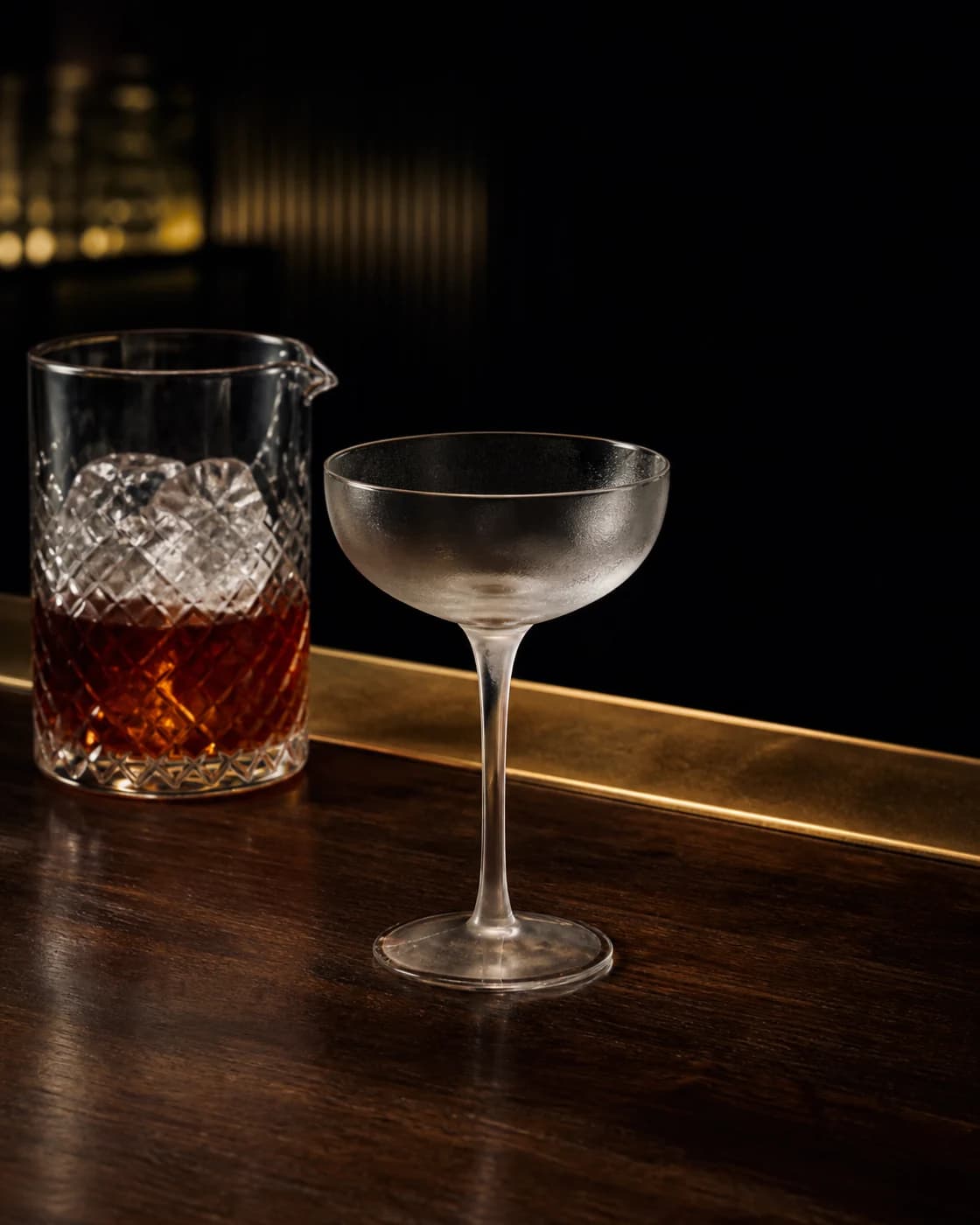 Strain into the coupe stage with mixing glass fitted with a julep strainer