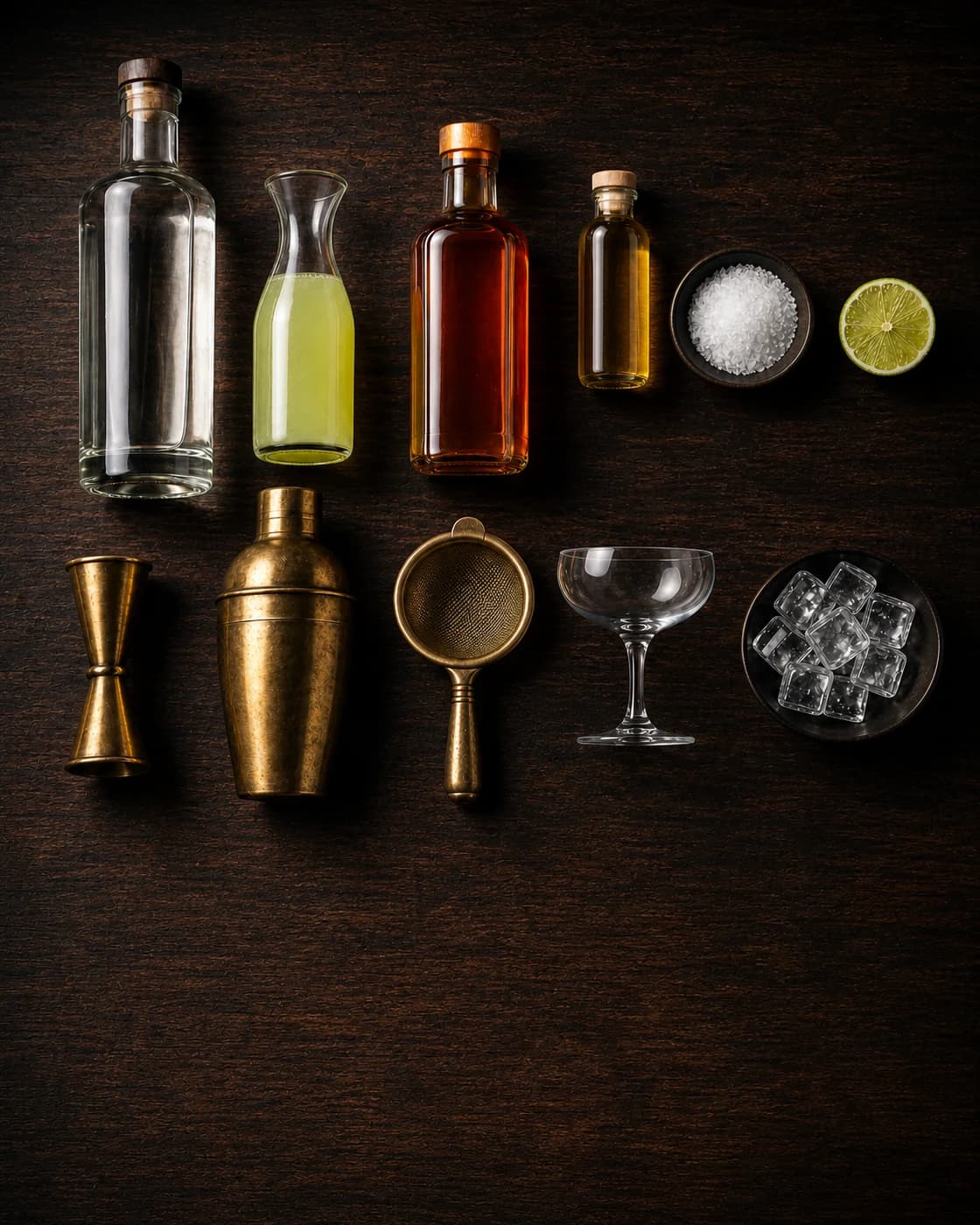 Overhead Margarita station arranged on a dark walnut bar